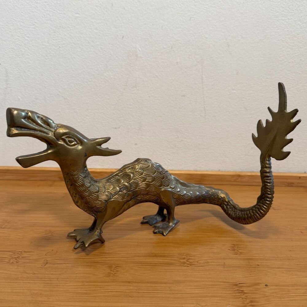 MCM Vintage Brass Dragon Figurine Mid-Century Asian Style Decor 9" Made in India